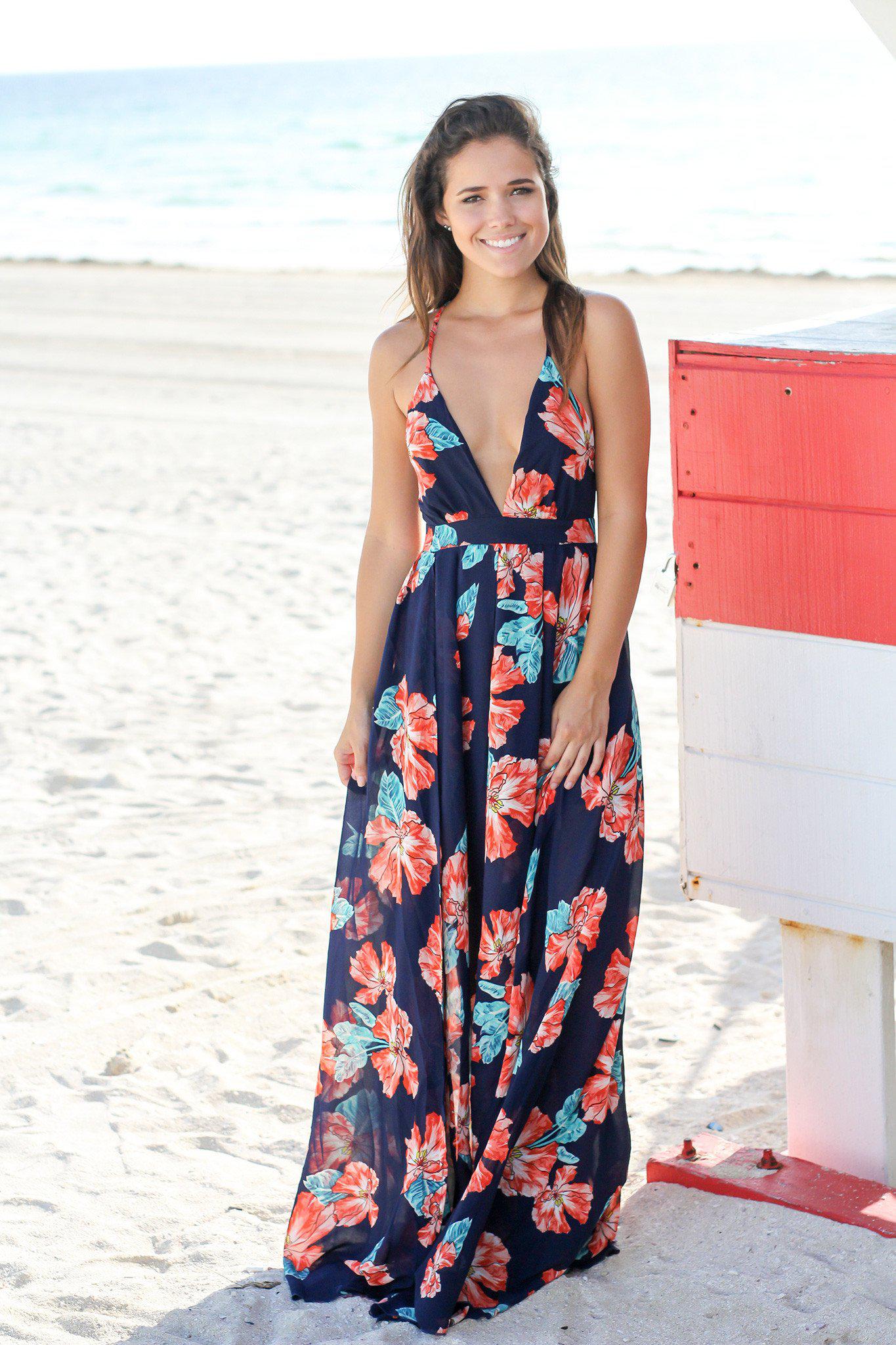 Navy and Coral Floral Print Maxi Dress ...